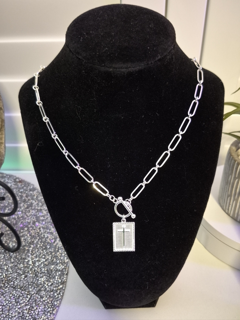 NEW Sterling Silver Cross Tag Paperclip Necklace - Silver